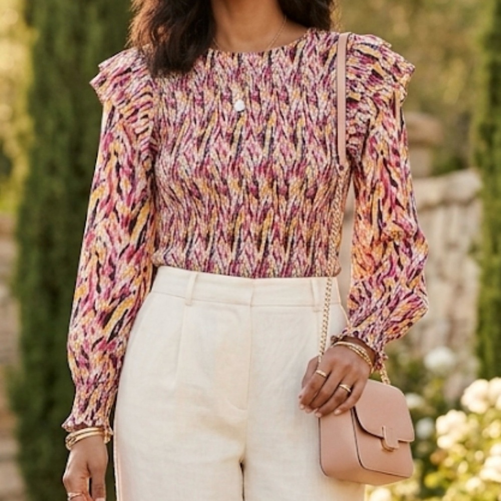 THML Pink Orange Multi Color Smocked Ruffle Shoulder Blouse WCT1613-1-FA XS‎
